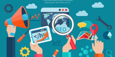 Seo optimization concept with flat human hands holding programming business symbols vector illustration