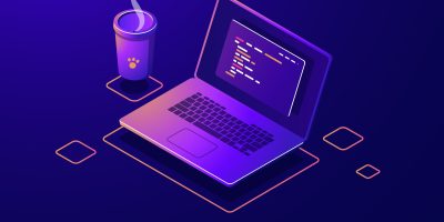 Laptop with program code isometric icon, software development and programming applications dark neon vector