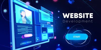 Website development banner, computer technology, monitor with open browser page and woman profile on screen, futuristic background in neon glowing colors. Cartoon vector illustration, landing page