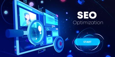 Seo optimization banner, marketing business technology, monitor with data analysis platform on screen, website research, neon glowing futuristic background. Cartoon vector illustration, landing page