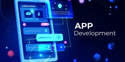 App development banner, adaptive layout application web interface on smartphone touch screen, user software API prototyping, testing, neon glowing background. Cartoon vector illustration, landing page