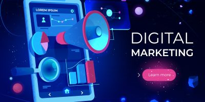 Digital marketing landing page, smartphone screen with megaphone or loudspeaker, data analysis charts and magnifying glass on futuristic neon glowing background. Cartoon vector illustration, banner