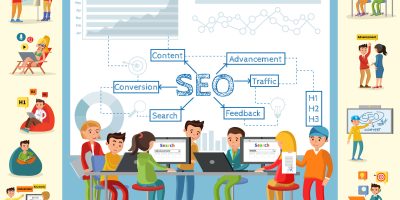 Business analysis infographic concept with people working in office on optimization of main seo strategy indicators vector illustration