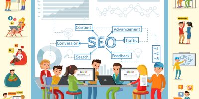 Business analysis infographic concept with people working in office on optimization of main seo strategy indicators vector illustration