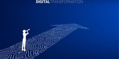 Silhouette of businessman looking through telescope with the way with dot connect line circuit. concept of digital transformation of business