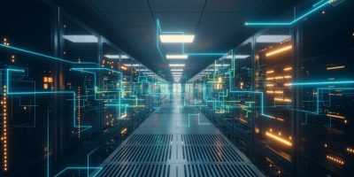 Digital information travels through fiber optic cables through the network and data servers behind glass panels in the server room of the data center. High speed digital lines 3d illustration